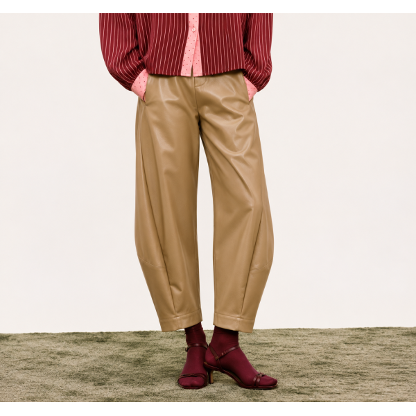 Beige faux leather trousers