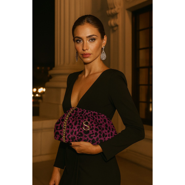 LEOPARD VELVET MAGENTA BUCKET BAG