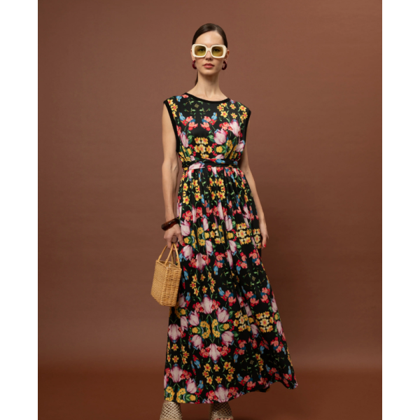 SLEEVELESS COTTON DRESS - BLOSSOMS BLACK