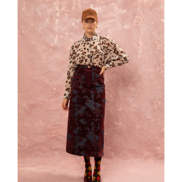 DENIM/VELVET STRAIGHT MIDI SKIRT - BURGUNDY