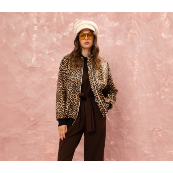 LEOPARD VEGAN-LEATHER BOMBER JACKET - BEIGE