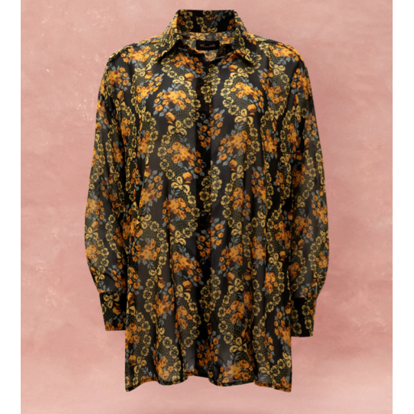 OVERSIZED CHIFFON SHIRT - LACE BOUQUET BLACK